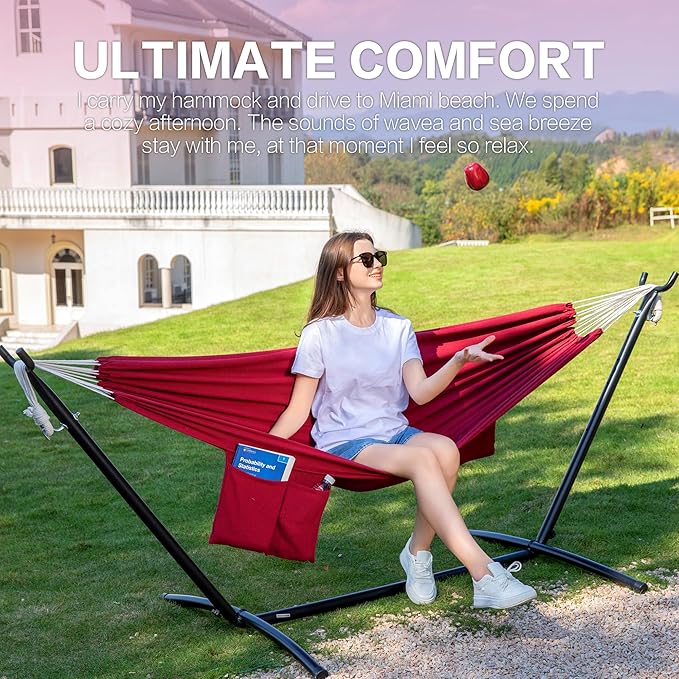 PNAEUT Double Hammocks with Stand for Outside Portable Space Saving Heavy-Duty Steel Stand for Indoor Outdoor Patio with Carrying Bag 450 lbs Capacity (Cherry)