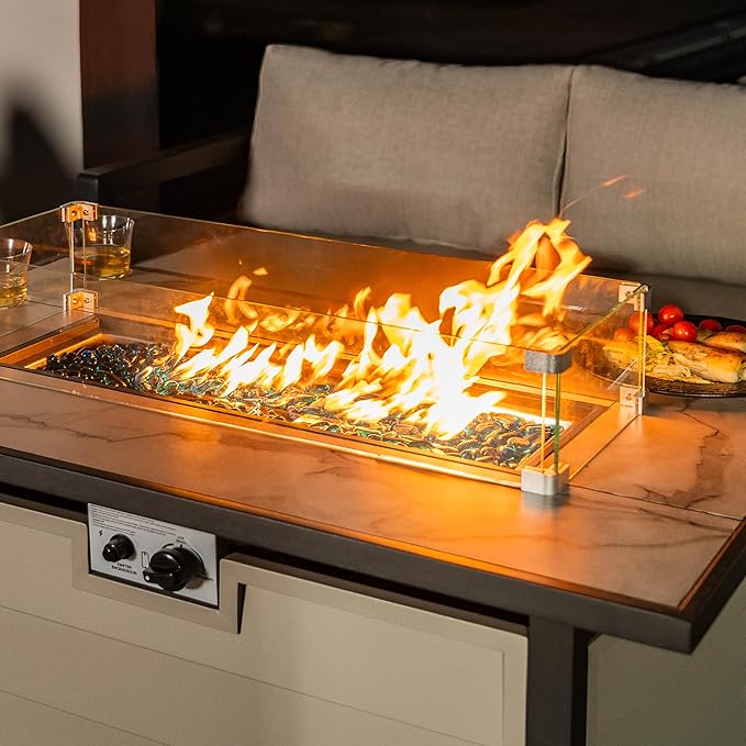 Nuu Garden 43'' Patio Propane Fire Pit Table 50000 BTU Gas Fire Pit with Marble-Textured Glass Top Wind Guard Lid Glass Beads CSA-Certified 2-in-1 Outdoor Table for Gatherings Ivory White