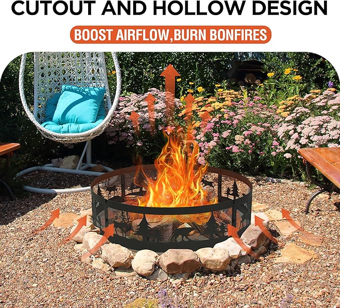 Red Mountain Valley 36 Inch Fire Pit Ring with 360° Forest &amp Wildlife Design Portable Steel Wood Burning Firepit Ring for Outdoor Camping Bonfires BeachPatio fire Pit kit Black