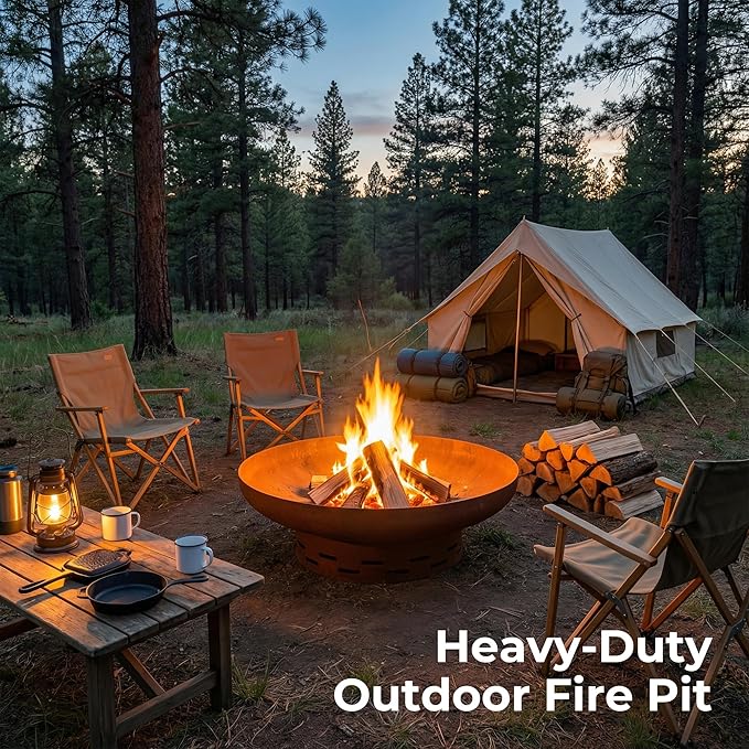 KOL Fire Pit for Outside Wood Burning 35.5 Inch Large Round Firepit Bowl Outdoor and Patio Heavy-Duty Bonfire Pit Oxidized Finish Free-Standing Camping Backyard Terrace
