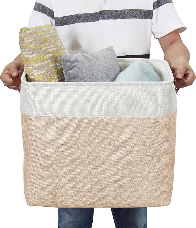 DECOMOMO Extra Large Storage Baskets 54.5L Fabric Storage Bins for Organizing Linen Closet Nursery (Khaki &amp White XXXL - 3 pack)
