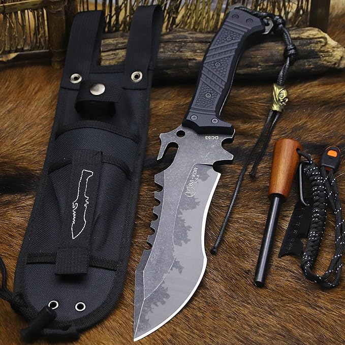 BA-KOR U.S.A 8mm thick DC53 steel 38.5CM (15.4in) (full tang) fixed knife+Nylon sheath&amp(5.9in) cerium igniter suitable for outdoor hunting camping Jungle Survival exploration EDC tool knife
