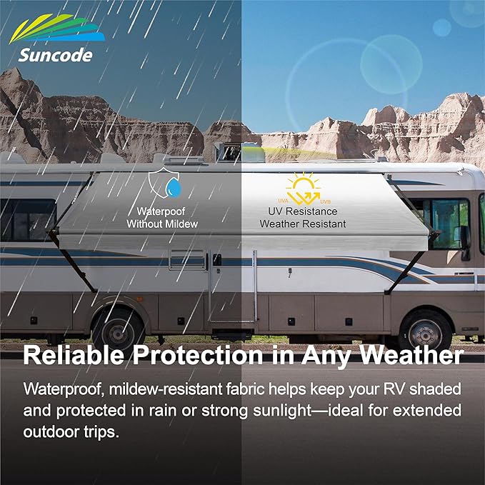 Suncode RV Awning for RVCamper&ampTravel Trailers–Manual RV Awning Complete KitManual Camper AwningRV Roll Out Awning– 14x8Ft – White Frame &ampBlack Fade