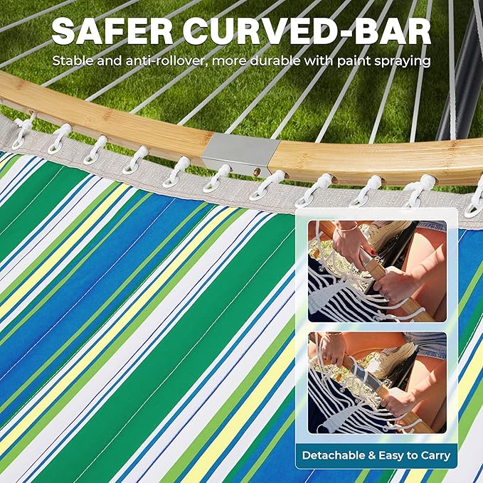 SUPERJARE Curved-Bar Hammock with Stand 2 Person Heavy Duty Hammock Frame Detachable Pillow &amp Portable Carrying Bag Perfect for Outdoor &amp Indoor Green Bold Stripe