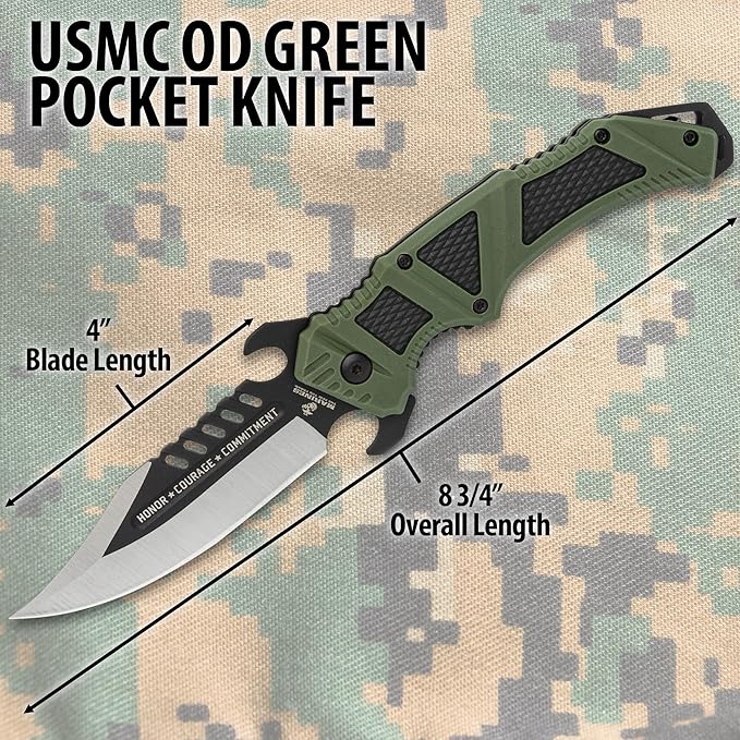 United Cutlery USMC Desert Ops Pocket Knife | 4 Blade | 9 Overall | TPR and TPU Handle | Pocket Clip (Olive Drab)