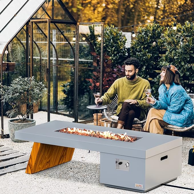 ONLYFIRE OUTDOOR LIVING Premium 60” Gas Fire Pit Table with Unique Wooden-Visual Leg Large Propane Fire Table with Lava Rocks Smokeless Fireplace 60000BTU for Backyard Patio Villa Bonfire FP015