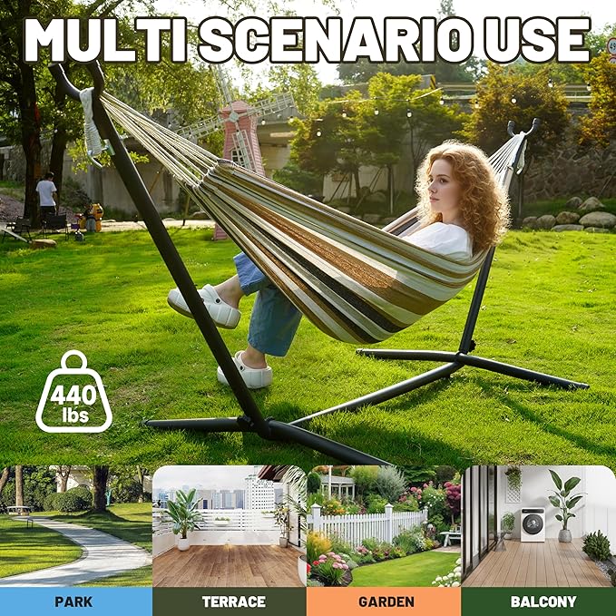 Hammock with Heavy-Duty Steel Stand for OutsideHammocks 450 Lb CapacityPortable Hammock2 People Standing HammocksSuitable for BeachBackyard Gardens Patio Bedroom100 * 40 * 38 Inch (Coffee)
