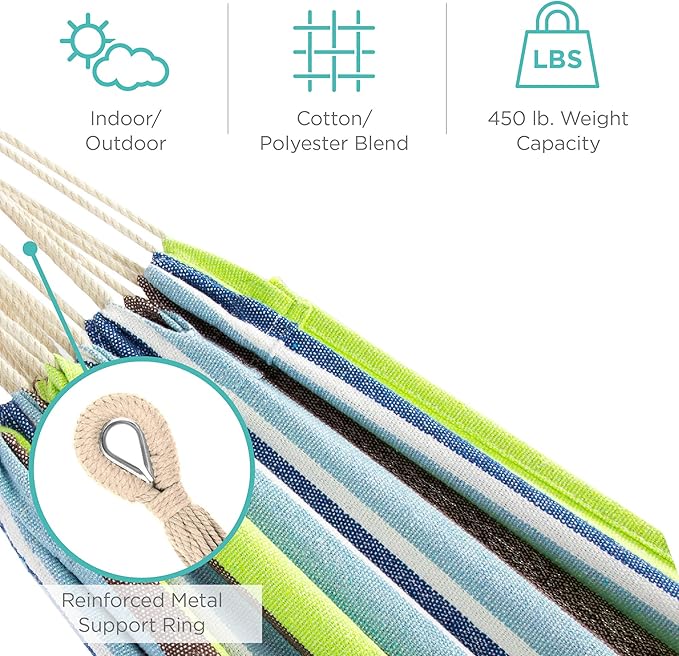 Best Choice Products Double Hammock with Steel Stand Indoor Outdoor Brazilian-Style Cotton Bed w/Carrying Bag 2-Person Capacity - Blue/Green Stripes