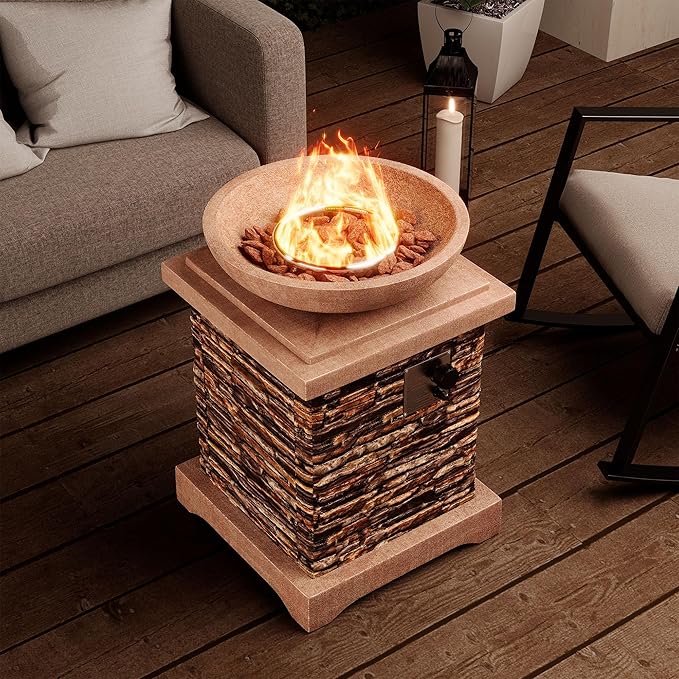 SUNBURY Outdoor Propane Fire Pit Gas Fire Pit for Outside Patio Stone Outdoor Fire Table Fire Column 40000 BTU Propane Fire Tables Firepit Table w Lava Rocks CSA Certified Waterproof Cover