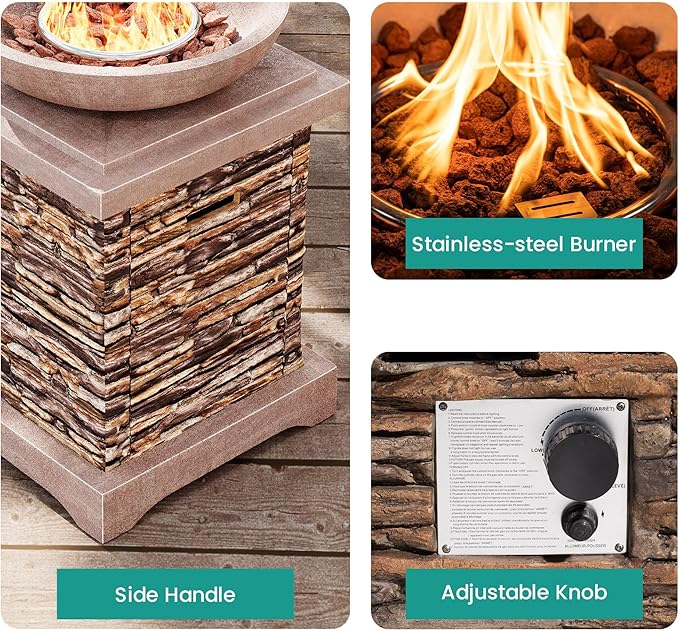 SUNBURY Outdoor Propane Fire Pit Gas Fire Pit for Outside Patio Stone Outdoor Fire Table Fire Column 40000 BTU Propane Fire Tables Firepit Table w Lava Rocks CSA Certified Waterproof Cover