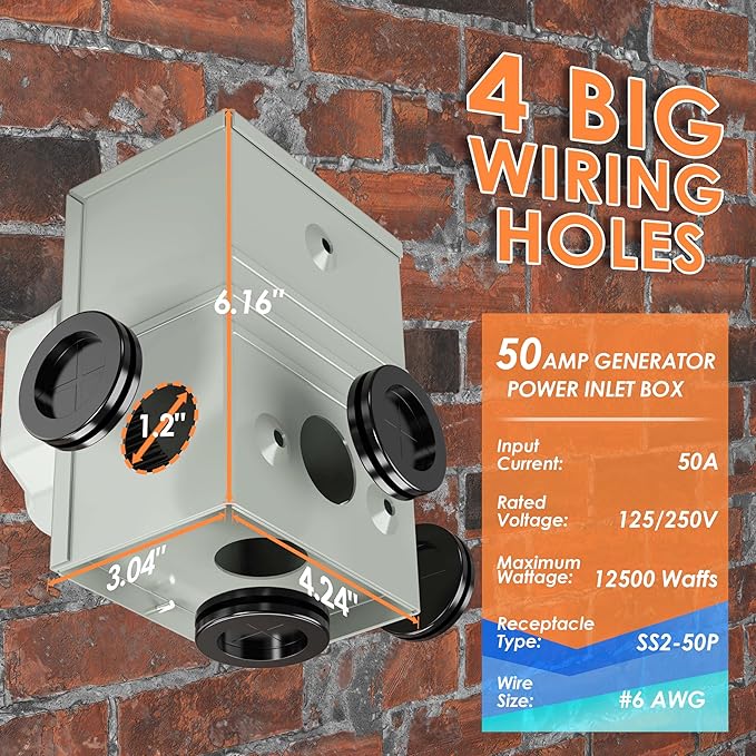 UL Listed 50 Amp 50 Feet Generator Cord and Power Inlet Box Combo Kit NEMA 14-50P Male to SS2-50R STW 6/3+8/1 AWG 125/250V Twist Locking with Inlet Box for Generator to House