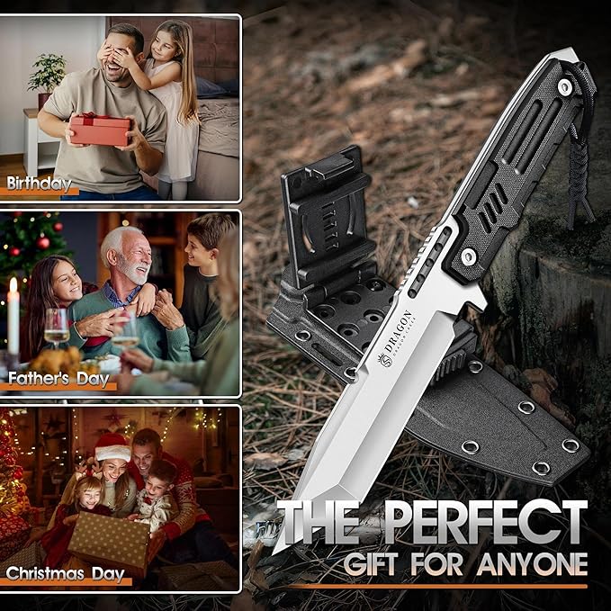 Dragon Creek Fixed Blade Knife - Outdoor Survival Knife for Camping Hiking Gift Men Silver