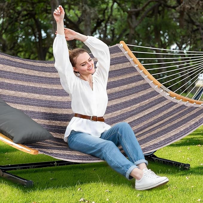 SUNCREAT Hammocks for Outside with Stand Included Double Hammock with Curved Spreader Bar Carrying Bag Gray Stripes
