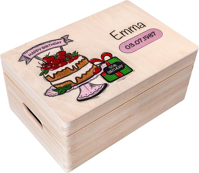 Creative Deco Personalized Wooden Storage Box Birthday Cake | 11.8x7.87x5.51in (+-0.5) | Multiple Choice | Hinged Lid Handles &amp Engraving | Birthday Gift Box | Rough UNSANDED Keepsake Memory Souve