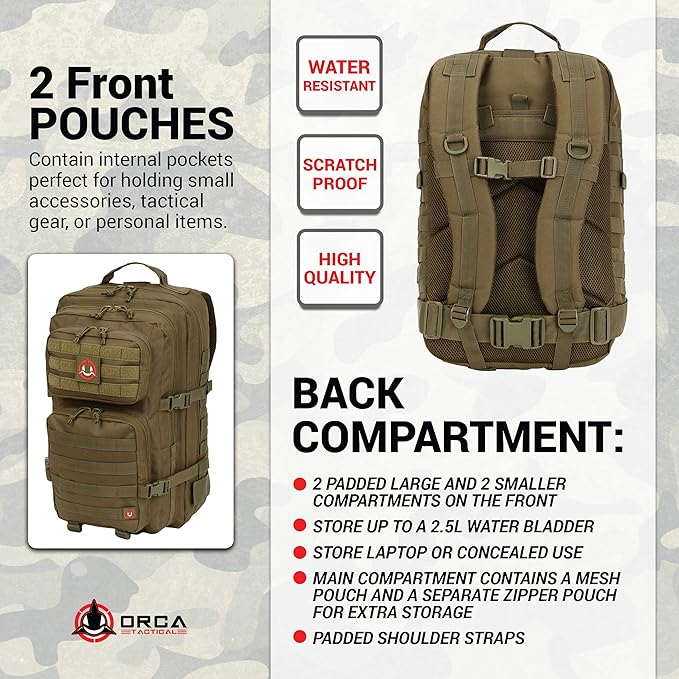 Orca Tactical Backpack 40L Large Military 1 to 3 Day Molle Assault Pack Rucksack Army Bag