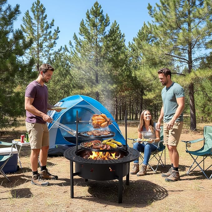 ROVSUN Upgrated 33'' Outdoor Fire Pit with 2 Grills Grill with Side Shelves Wood Burning Round Firepit with Swivel Cooking Grate Removable Swivel Grill for Backyard Patio Picnic BBQ and Parties