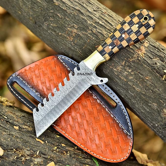Handmade Damascus Bull Cutter Knife | 8 inch Sharp Western Cowboy Knifes with Pancake Leather Sheath | EDC Fixed Blade Hunting Knives ideal for Skinning Camping and Outdoor Activities