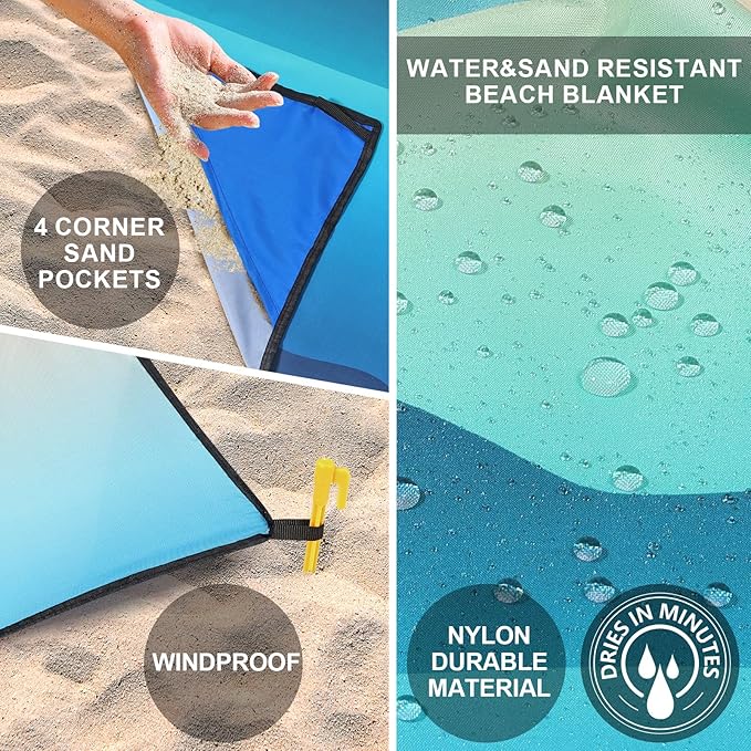 Beach Blanket Waterproof Sandproof Beach Mat 79 X 83/10'x9'for 2-8 Adults Quick Drying Outdoor Picnic Mat Beach Accessories for Travel Camping Hiking