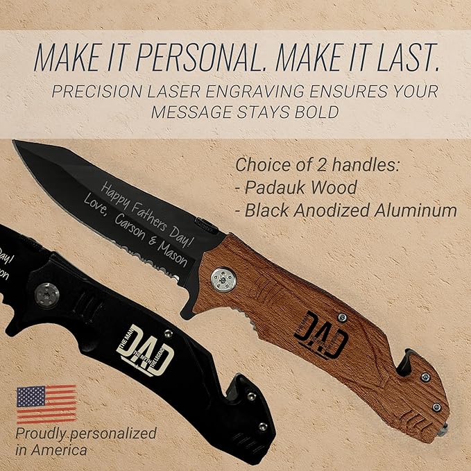 Craft &amp Clan Personalized Pocket Knife for Men with Clip | Laser Engraved Dad Design Folding Utility Knife Tactical Switchblade for Camping Hunting Rescue | Custom Birthday Gift for Daddy Husb