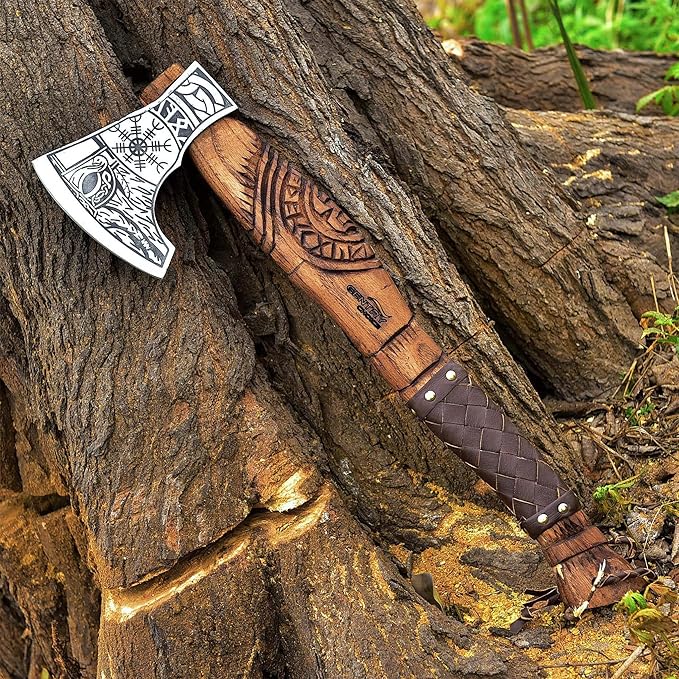Gentry Choice Engraved Viking Axe Hatche – Hand Forged Blade Ash Wood Handle Leather Wrapped Grip Cowhide Sheath Double Head Design