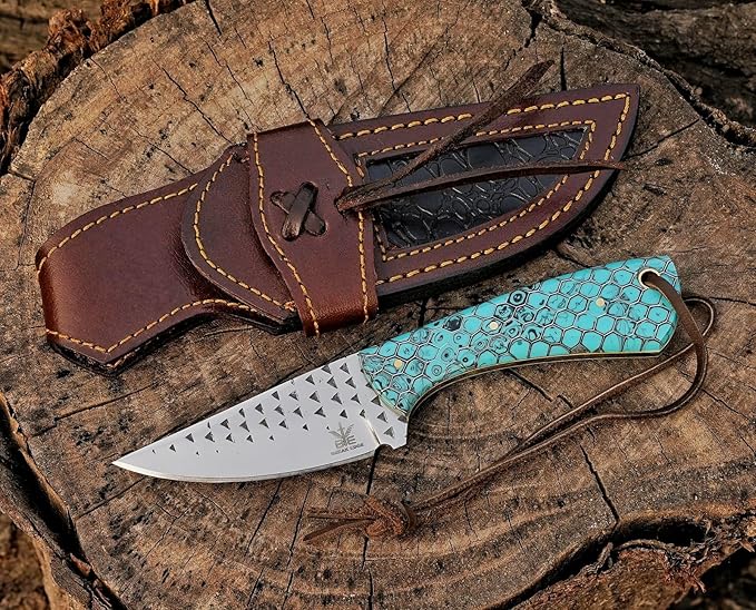 Break Edge Handcrafted Cowboy Hunting Knife with Leather Sheath Premium Handle Best Gift for Boy Friend and Father Day. (Silver &amp Torquise)