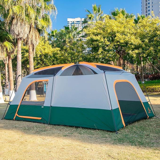 KTT Extra Large Tent 6-10-12-14 Person(A)Family Cabin Tents2 Rooms3 Doors and 3 Windows with MeshStraight WallWaterproofDouble LayerBig Tent for OutdoorPicnicCampingFamily Gathering