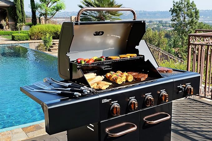 Kenmore 4-Burner BBQ Gas Grill with Searing Side Burner Propane Grill 52000 BTUs Warming Rack Electronic Ignition &amp Cast Iron Cooking Grates Black/Copper