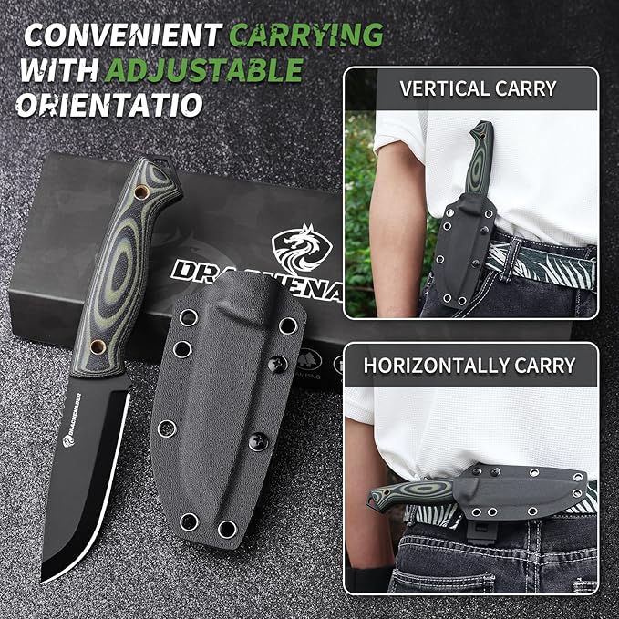 Fixed Blade Survival Knife with Fire Starter Whistle &amp Compass Full Tang D2 Steel Blade Horizontal Carry Sheath for Outdoor Sports