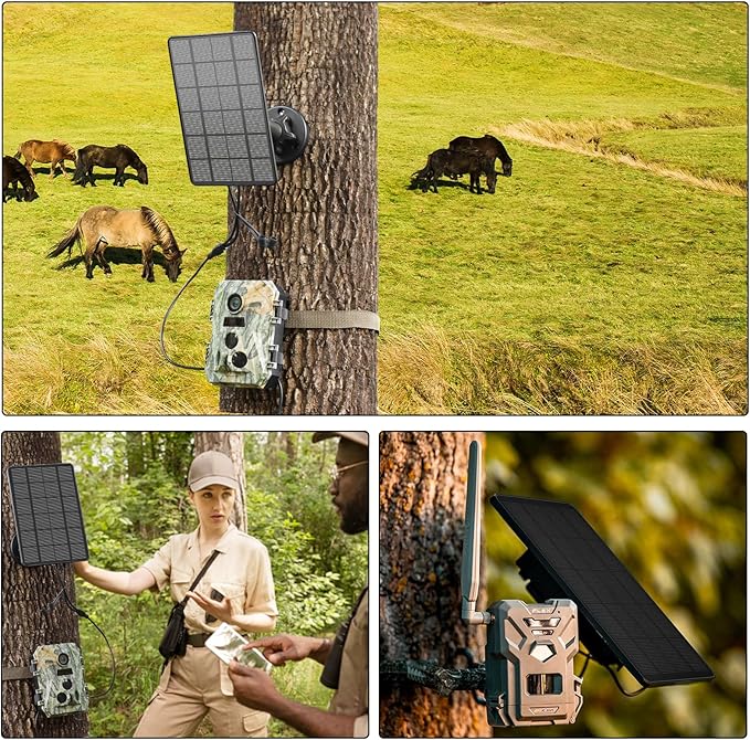 LIYVZ Trail Camera Solar Panel with Bulit-in 5000mAh Battery 2 Pack 3W Solar Panel for Trail Camera IP66 Waterproof Multi Interfaces with USB-C &amp DC 6V/9V/12V Output 360° Adjustable