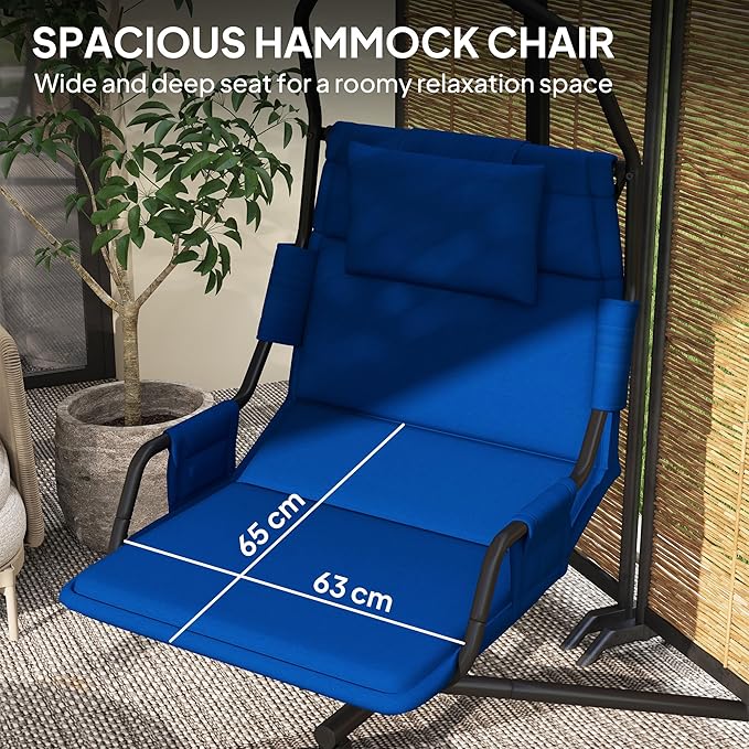 Outsunny Hammock Chair with Stand Hammock Swing with PA Coating Oxford Fabric Cushion Indoor Outdoor Hanging Chair with Chain Steel Frame for Bedroom Patio Balcony Dark Blue