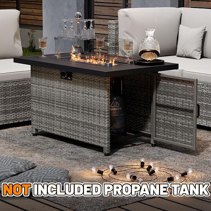 LHBcraft 44 Inch Propane Fire Pit 50000 BTU Fire Pit Table with Glass Wind Guard and Lid Gas Fire Pits for Outside Patio and Garden(Grey)