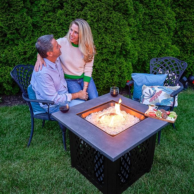 Endless Summer Charles 30 Inch Square Outdoor UV Printed 50000 BTU LP Gas Fire Pit Table with Faux Concrete Mantel Tabletop and Stamped Steel Base