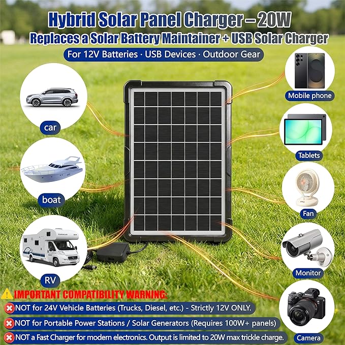 20W Hybrid Solar Battery Charger &amp Maintainer 12V + USB Hub Kit - Waterproof Trickle Charger for Car Boat RV Motorcycle - Universal 5-in-1 Portable Solar Panel for Phone Camping