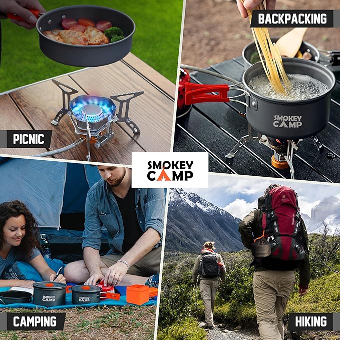 Smokey Camp Camping Cookware Mess Kit Set with Stove - Backpacking Camping Pots and Pans Set All in One Non-Stick Camping Cooking Set Portable Stove Hiking Picnic Outdoor &amp Camping Cookware S