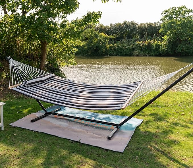 Lazy Daze Hammocks 2 Person Portable Hammock with 12FT Stand for Outside Quilted Double Hammock with Spreader Bar and Detachable Pillow 450lbs Capacity Perfect for Outdoor Patio Black Stripes