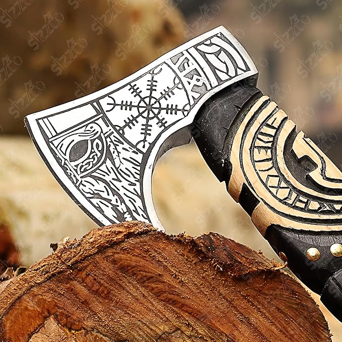 Custom Gift Black Forged Carbon Steel Viking Style Axe Bearded Axe with Rose Wood Shaft Tomahawk - Real Hatchet Best Gift for Anniversary Birthday Premium Leather Sheath