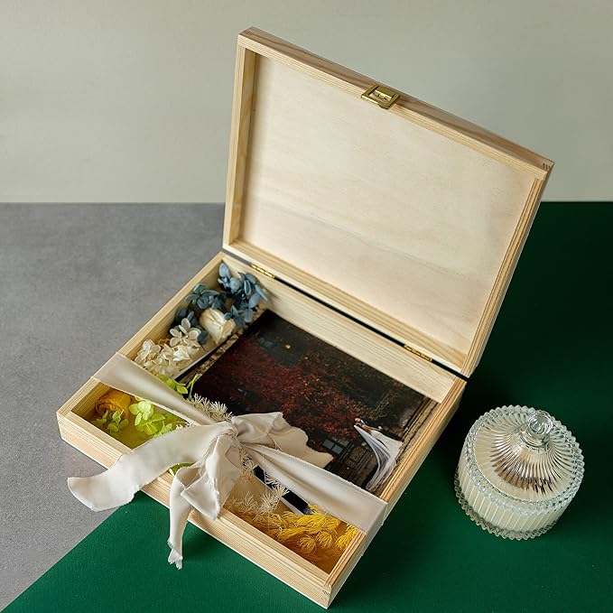 Creative Deco Wooden Storage Box Unpainted Plain | 11.41 x 9.84 x 2.55 in | Golden Latch &amp Lid | Perfect for Storing Valuables &amp Small Items in the Office or Bedroom | Keepsake Memory Trinket