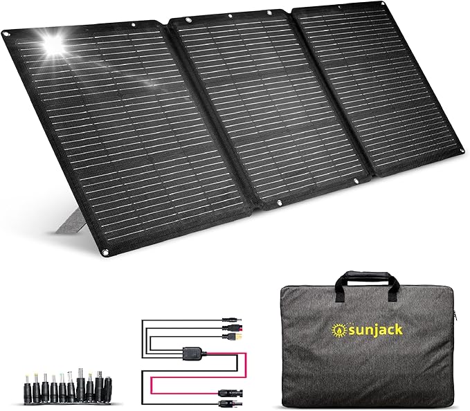 SunJack 120W Foldable Portable Solar Panel Charger with Kickstands MC4/PD60 USB-C/USB-A ETFE Monocrystalline Waterproof Solar Charger for Camping RV Power Station Generator Off Grid Emergency