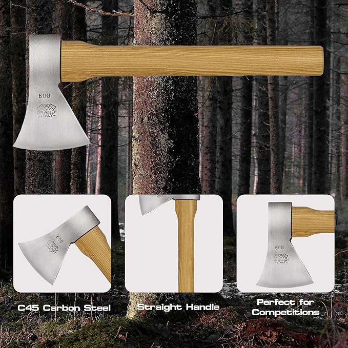Prandi Professional Throwing Hatchet - 14” Competition Axe C43/C45 Carbon Steel - 1.32lb Tournament Grade with Hickory Handle - Made in Italy