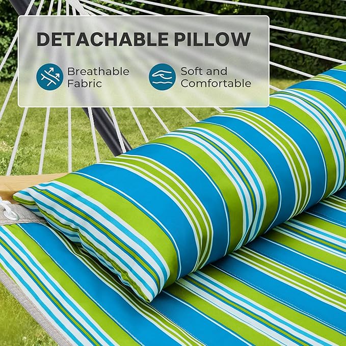 SUPERJARE Curved-Bar Hammock with Stand 2 Person Heavy Duty Hammock Frame Detachable Pillow &amp Portable Carrying Bag Perfect for Outdoor &amp Indoor Thin Blue and Green Stripes