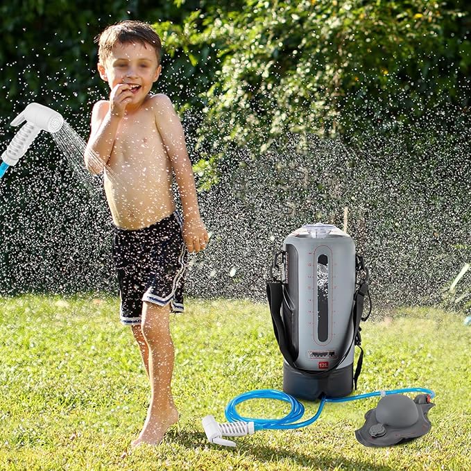 Camping Shower 12L Portable Camp Shower Bag Auto Pressure Pump Water Level Window Solar Shower for Beach Camping Hiking Garden Watering