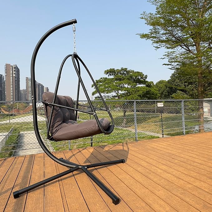 Rattan Egg Hanging Chair with Stand for Indoor and Outdoor Relaxation Featuring Removable Safety Rail Convenient Cup Holder and Comfortable Cushion Set for Lounging in Garden Patio Living Space