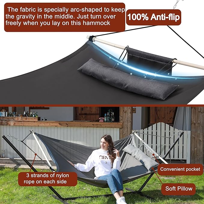 TegerDeger Anti-flip 12FT Hammock Large Hammock 450LB Capacity with Iron Spreader Bar &amp Nylon Rope for Outside Patio Garden Backyard Beach - Gray