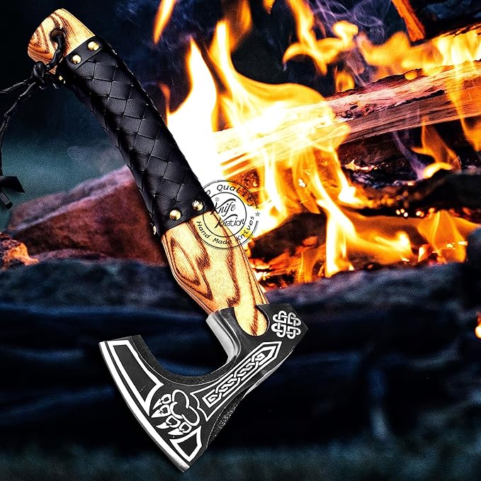 Hand-Forged Engraved Viking Axe Outdoor Camping Hunting Norse Hatchet Axe with Leather-Wrapped Handle &amp Sheath Great for Birthdays Gift Holidays Christmas or Weddings Gift (AXE-04)