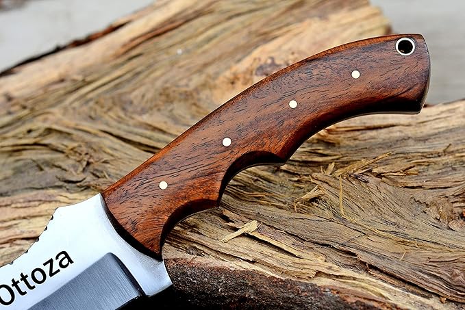 Ottoza D2 Steel Camping Tracker Knife with Wood Handle and Horizontal Carry Leather Sheath – Full Tang Outdoor Hunting Knife 116