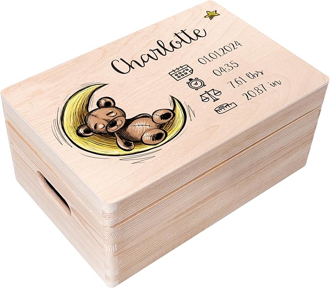 Creative Deco Personalized Wooden Storage Box Baby Memory Box | 11.8 x 7.87 x 5.51 in (+-0.5) | Hinged Lid Handle Engraving | Unpainted Gift Box | Rough UNSANDED Keepsake Souvenir Chest