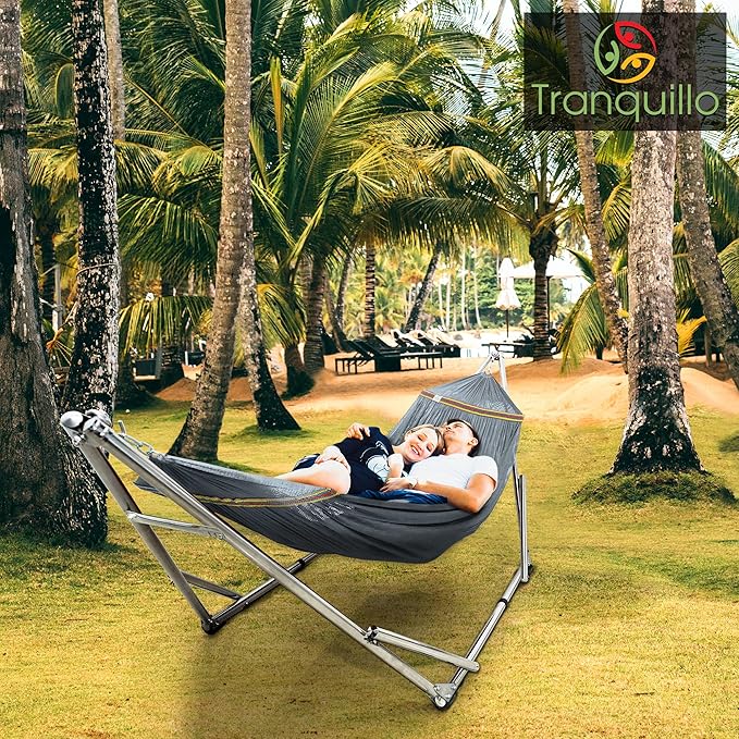 Tranquillo Adjustable Hammock Stand Collapsible Camping Hammock with Stand 650 lbs Capacity Double Hammock Stand Foldable Stainless Steel Breathable Polyester Hammock Net Carry Bag Included Grey