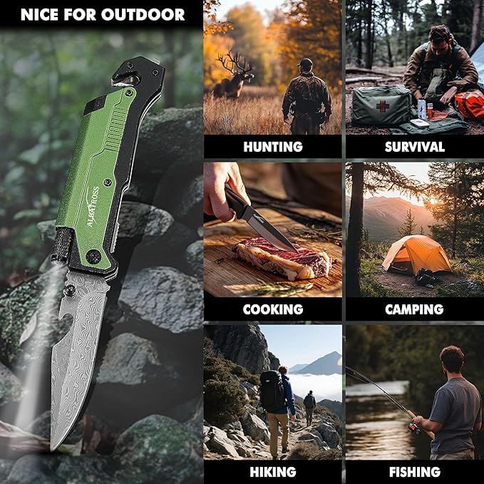 Father's Day Mother’s Day Birthday Gift for Him/Her: ALBATROSS 7-in-One Multi-Tool Pocket Knife for Men Women with LED Flashlight Fire Starter &amp Glass Breaker 3.5 Damascus Folding Survival Kn
