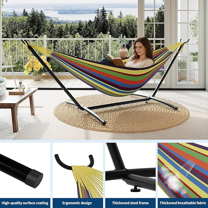 Hammock with Stand 2-Person Outdoor Portable Hammock with Carrying Bag &amp Adjustable Frame Heavys Duty 450lb Capacity for Beach Camping Backyard Patio