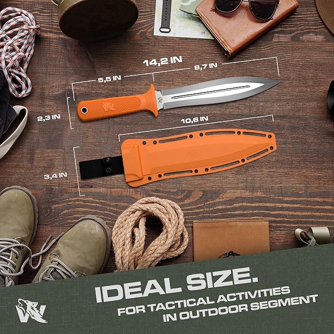 ODENWOLF W-SowCatcher Fixed Blade Knife with Sheath - Large Hunting-Knife made of D2 steel - Big Fixed Blade Double Edge Knives with TPE Handle